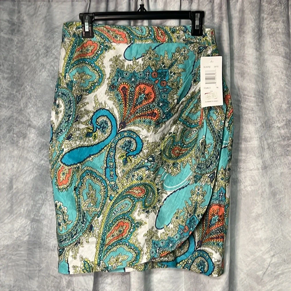 Sunny Leigh NWT Linen Summer Wind Turquoise/Multi Paisley Print Faux Wrap Skirt - Picture 10 of 10